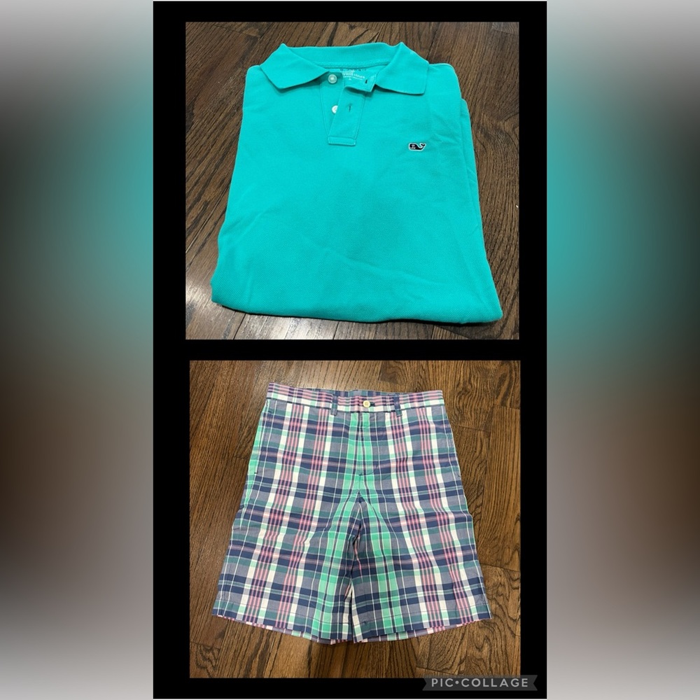 Vineyard Vines Boys Madras Shorts (14) & Short-Sleeve Polo Shirt (16)